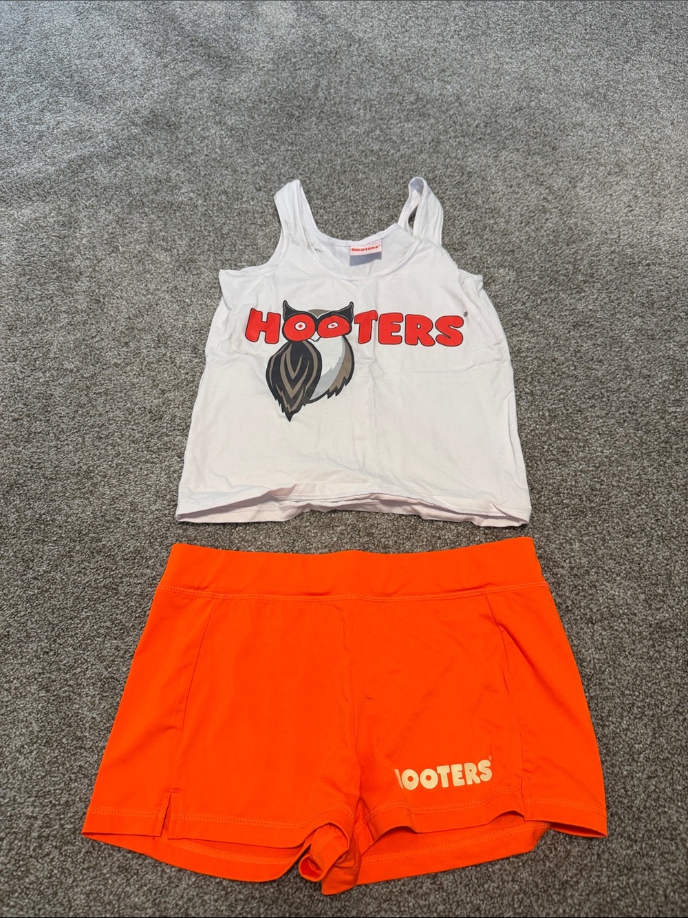 Hooters White Logo Tank Top with Bright Orange Athletic Shorts